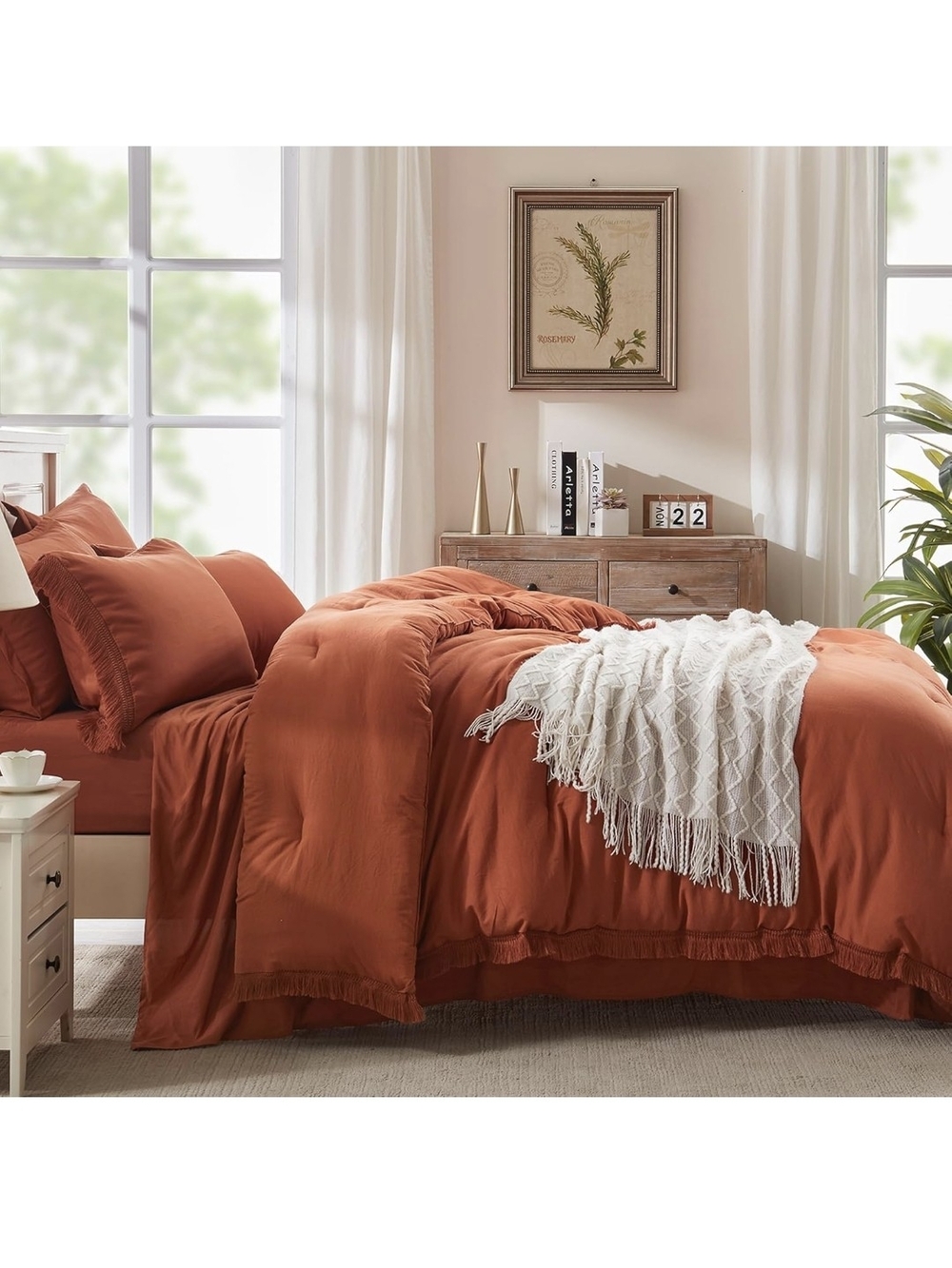 Boho Fringe Rust Orange Comforter & Sheet Set - Complete Sheet & Duvet - King